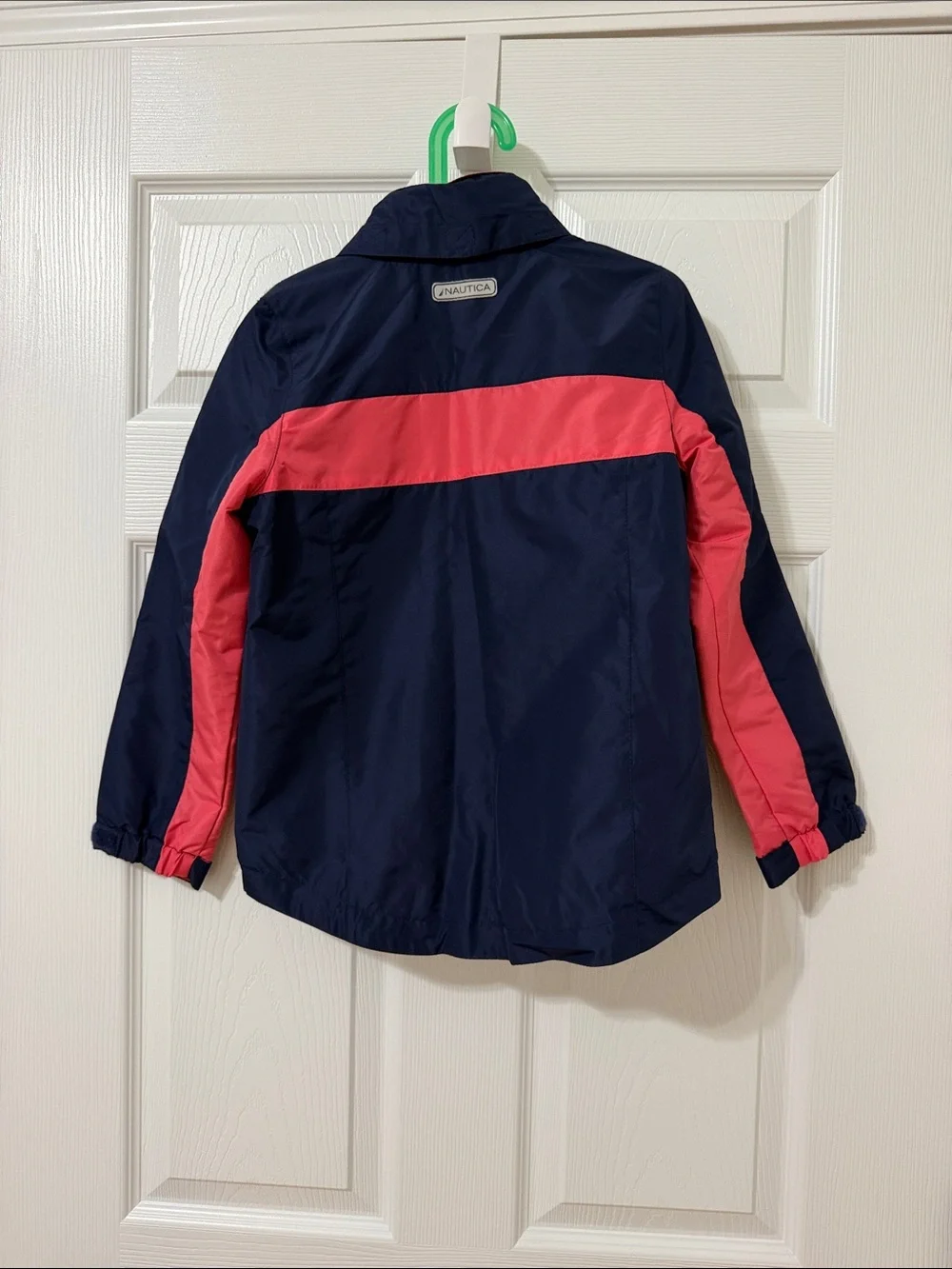 Nautica Girls Windbreaker Rain Jacket Size 7 Navy Coral Hidden Hood NWOT
